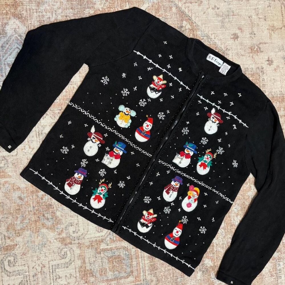 Vintage Christmas Holiday Snow Snowman Embroidered Beaded Zip Up Cardigan